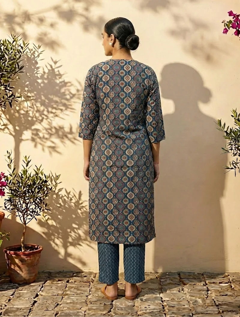ترو برونز trueBrowns Blue Print Embroidered  V-Neck Kurta Pant Dupatta Set